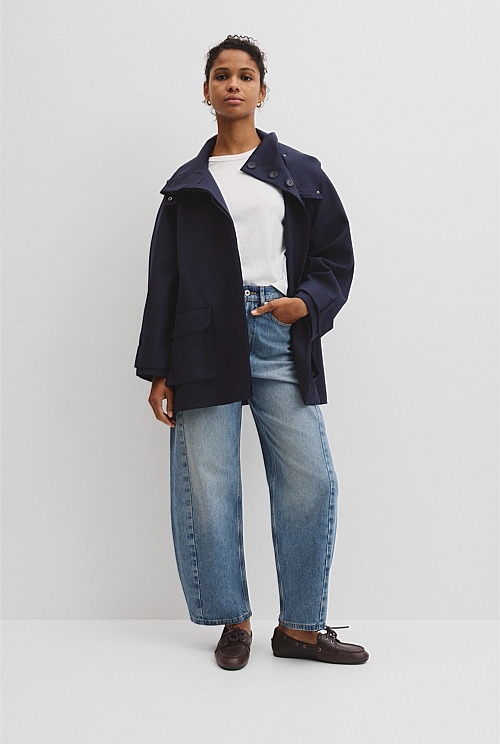 Wool Blend Tailored Funnel Coat
