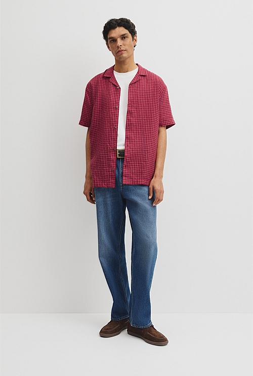 Relaxed Fit Short Sleeve Linen Blend Check Shirt Relaxed Fit Short Sleeve Linen Blend Check Shirt