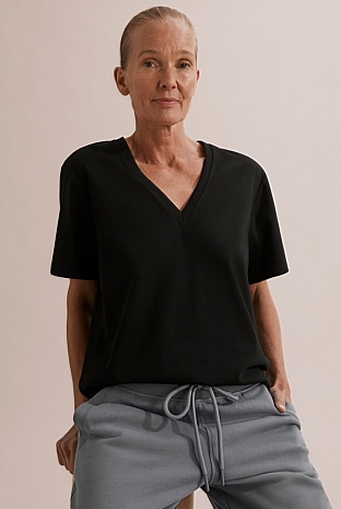 Black Australian Cotton Longline Deep V-Neck T-Shirt - Organically ...