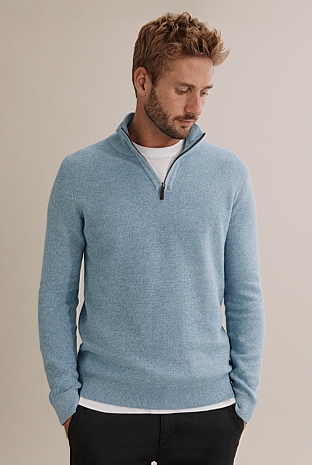 Arctic Blue Verified Australian Cotton Textured Half Zip Knit - Natural ...