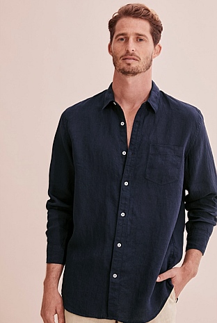 Navy Regular Fit Organically Grown Linen Shirt - Natural Fibres ...