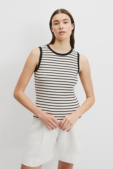 Australian Cotton Blend Stripe High Neck Rib Tank