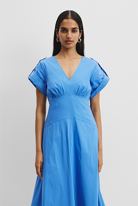 Organically Grown Cotton Blend Poplin Basque Midi Dress