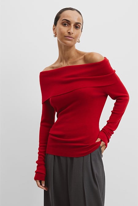 Australian Merino Wool Silk Off-Shoulder Detail Knit