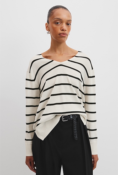 Verified Australian Merino Wool Stripe V-Neck
