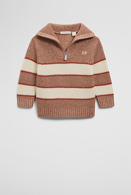 Organically Grown Cotton Blend Stripe Zip Knit