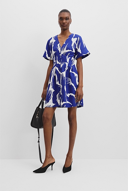 Organically Grown Linen Print Tuck Detail Mini Dress