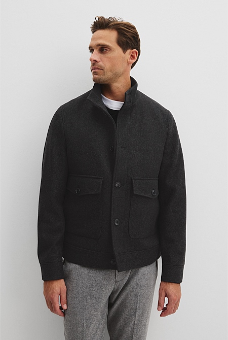 Rectangular Wool Funnel Neck Jacket