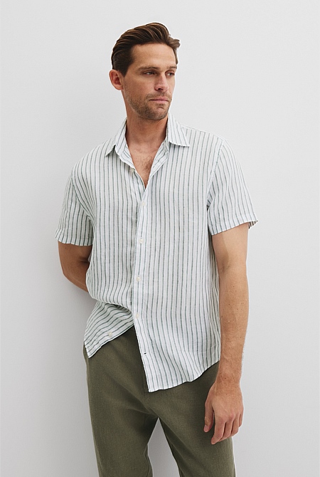 Regular Fit Organically Grown Linen Short Sleeve Stripe Shirt
