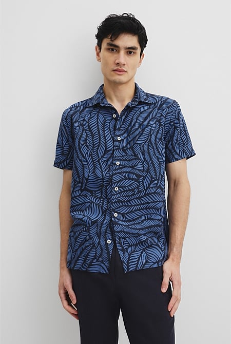 Short Sleeve Leaf Tencel Linen Shirt