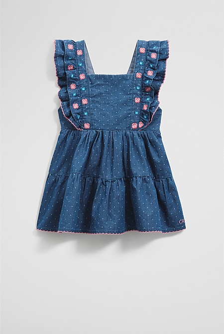 Organically Grown Cotton Chambray Frill Embroidered Dress