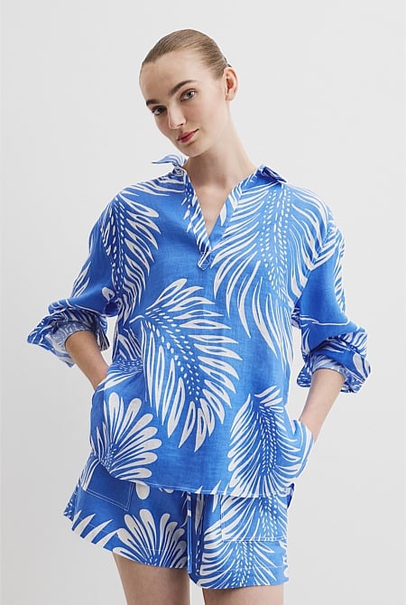Print Linen Popover Shirt