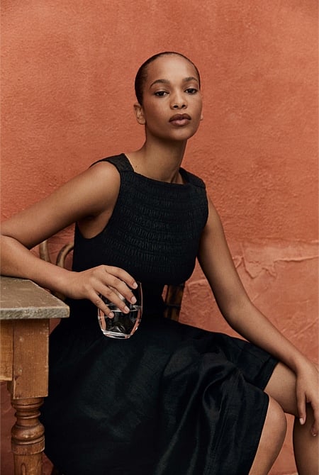 Organically Grown Linen Shirred Midi Dress