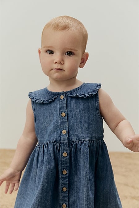 Chambray Frill Neck Dress