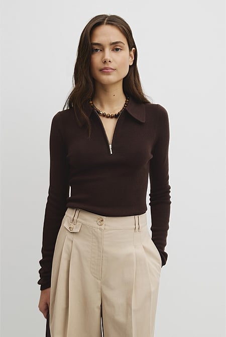 Merino Wool Silk Blend Collared Knit