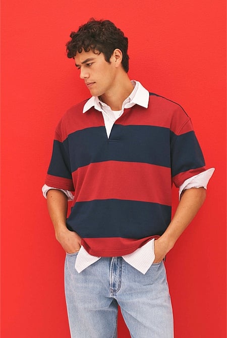 Short Sleeve Australian Cotton Stripe Rugby Polo