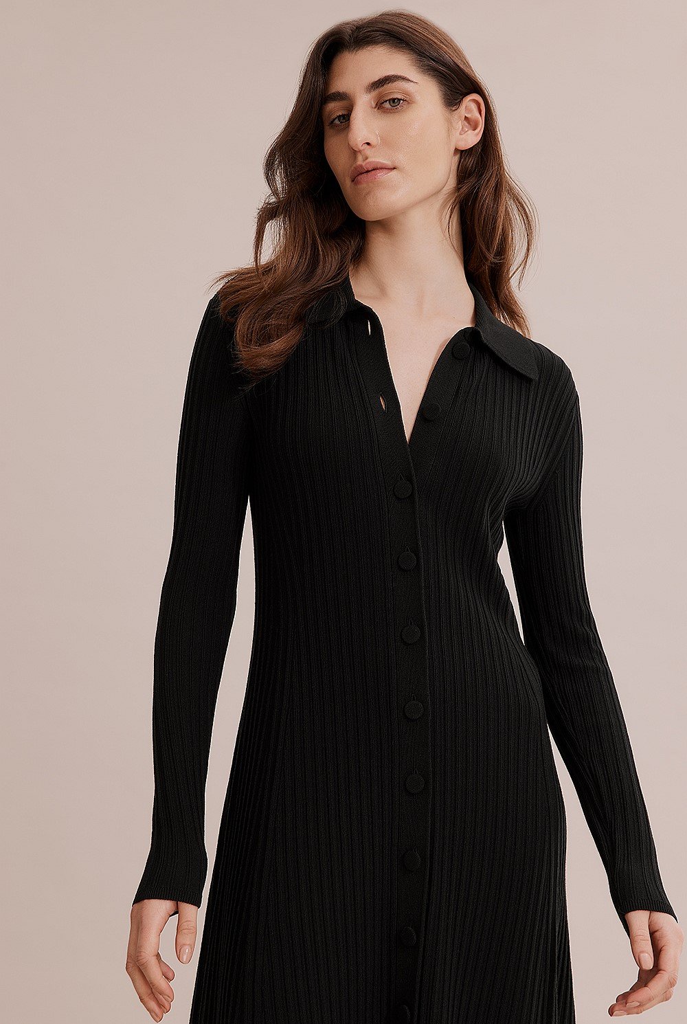 Long Sleeve Button Through Knit Dress