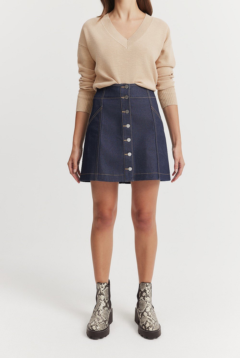 Australian Cotton Blend Stitch Detail Mini Skirt