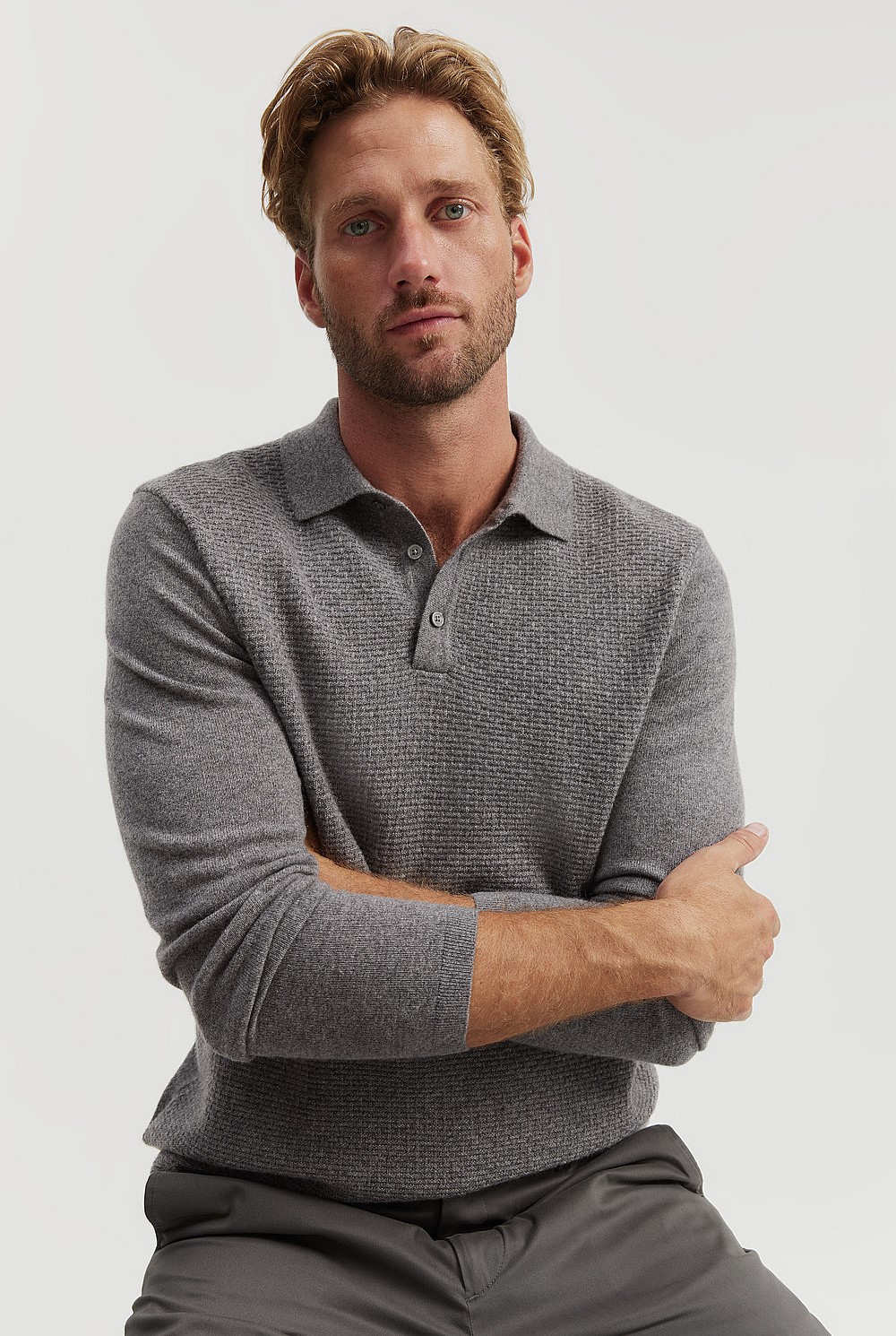 GCS-certified Cashmere Long Sleeve Textured Polo