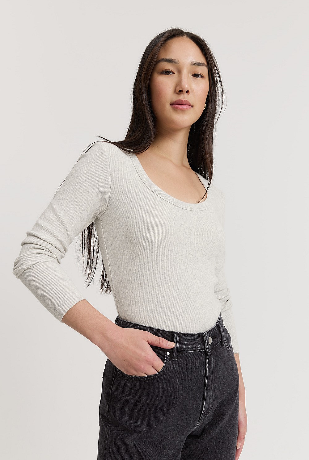Fitted Rib Scoop Long Sleeve Top