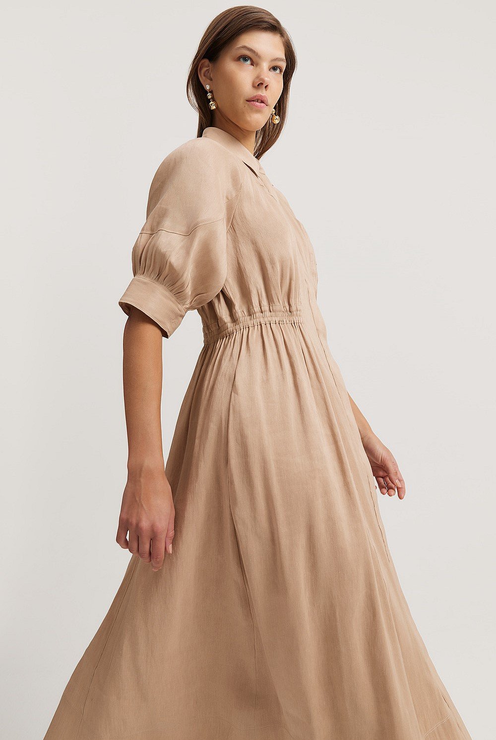 Organically Grown Linen Blend Fluid Cinched Shirt Dress