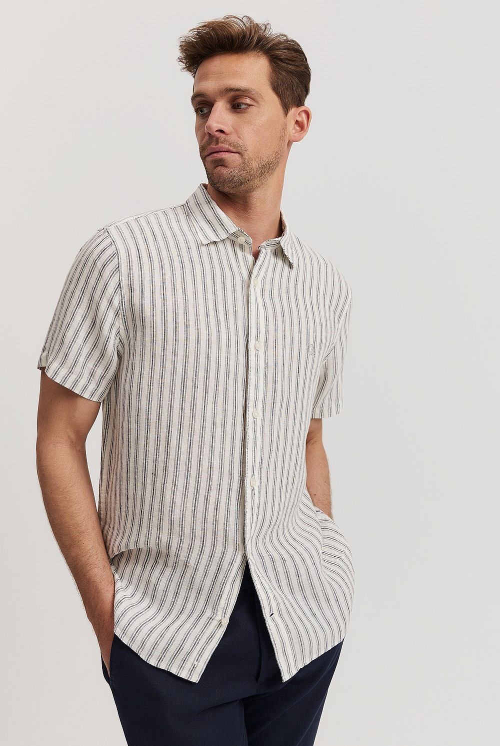 Regular Fit Organically Grown Linen Stripe Short Sleeve Shirt