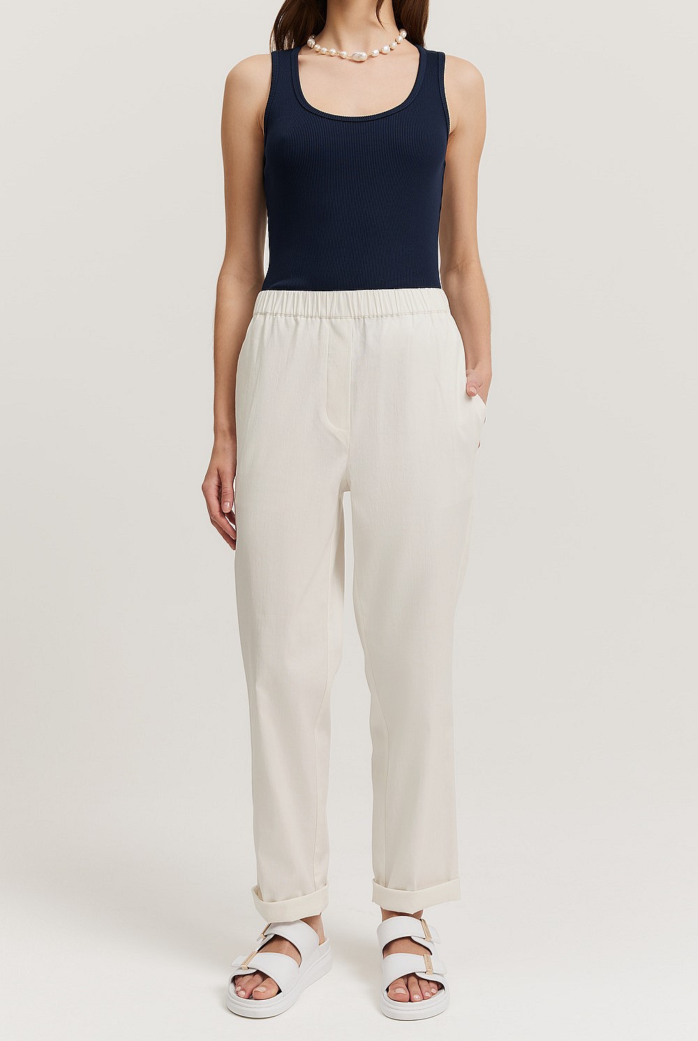 Organically Grown Cotton Blend Pull-On Tapered Pintuck Pant