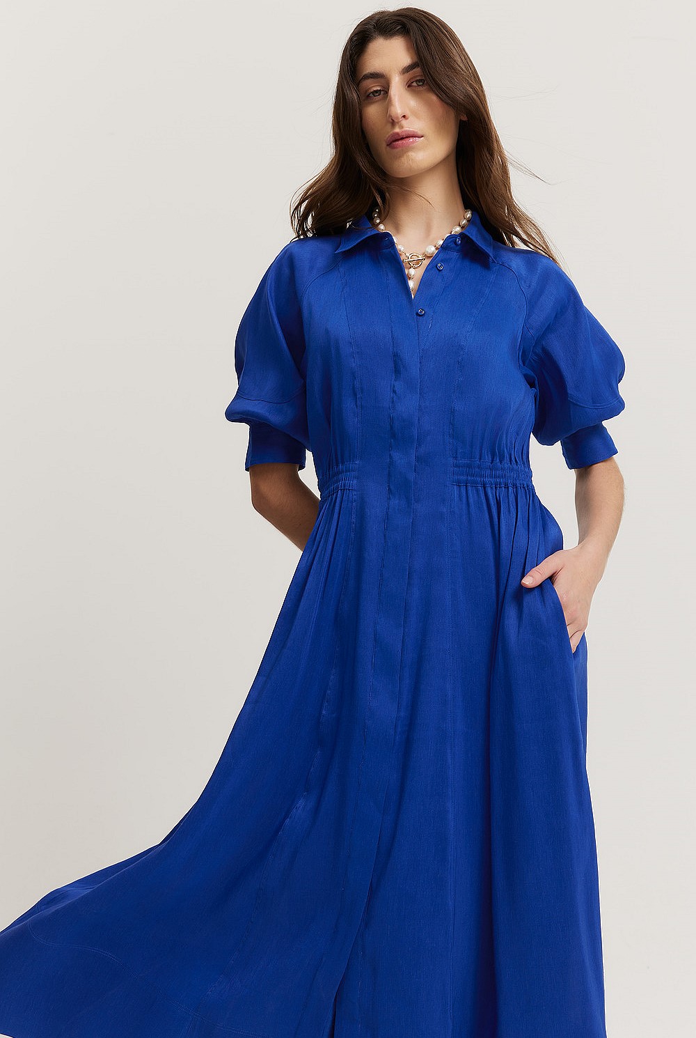 Organically Grown Linen Blend Fluid Cinched Shirt Dress