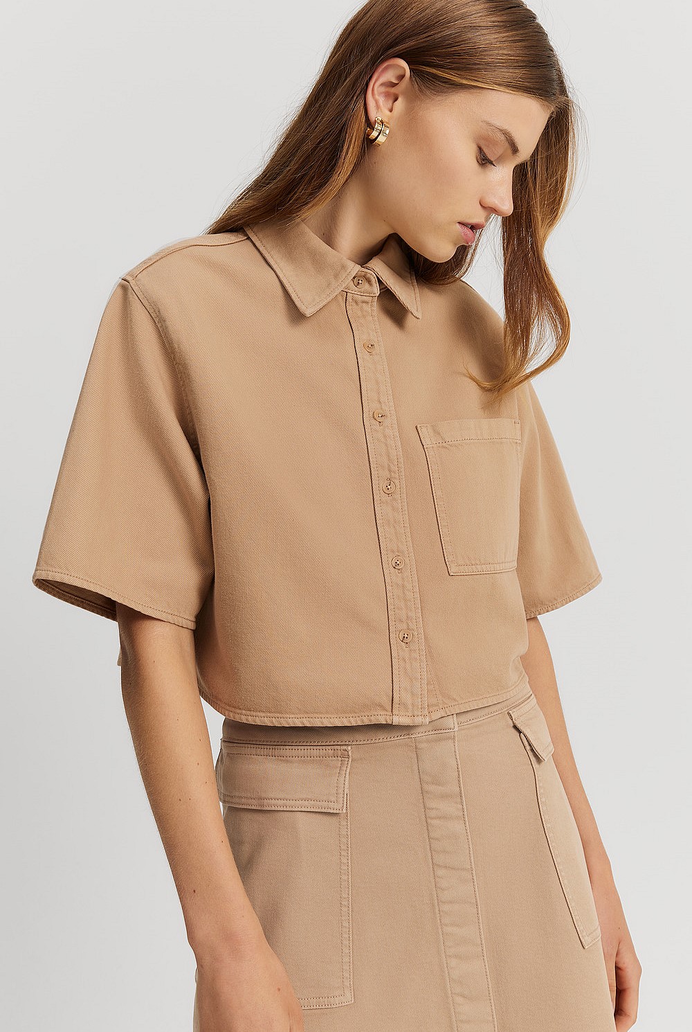 Cotton Blend Crop Denim Short Sleeve Shirt