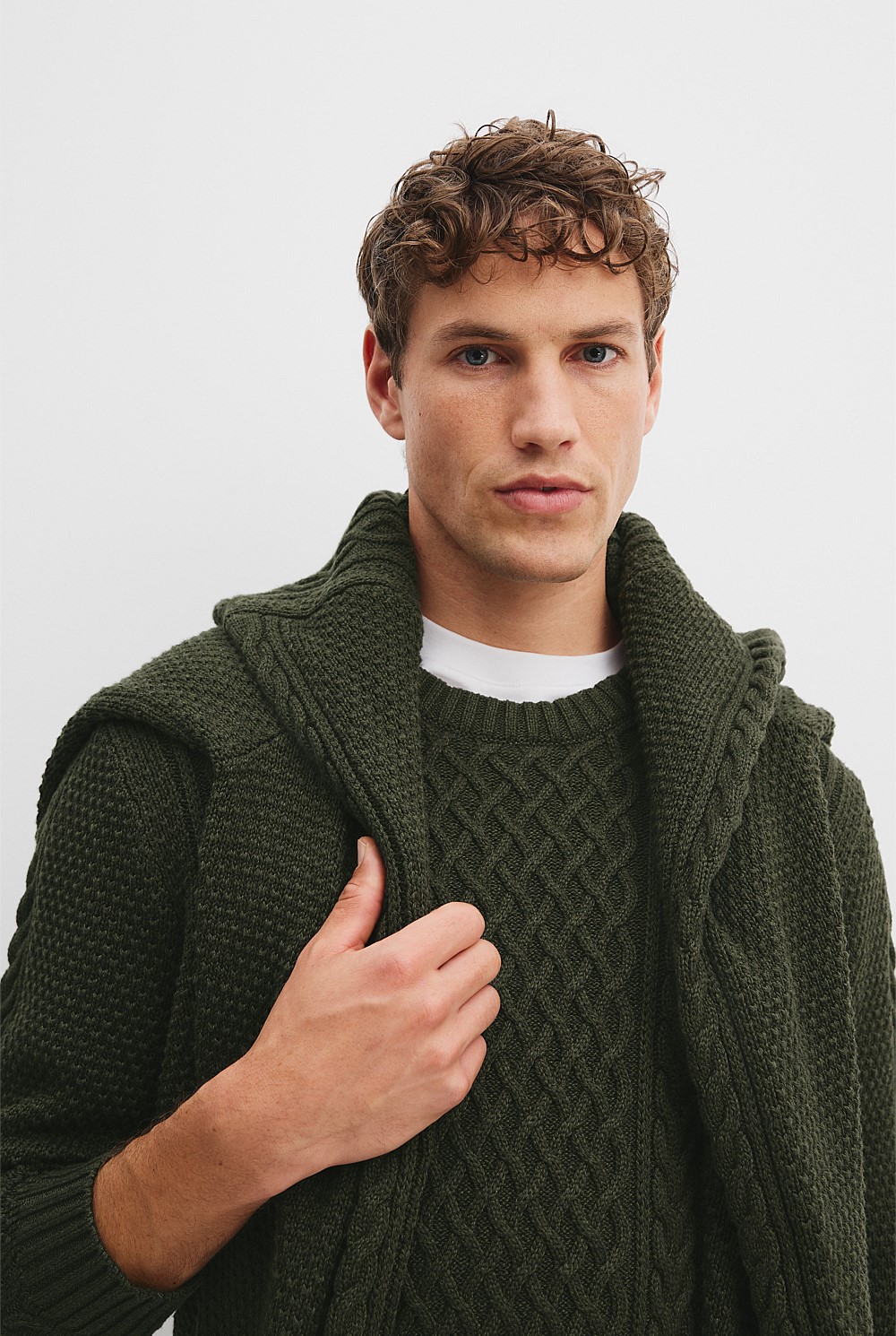 Khaki Green Australian Cotton Cable Crew Knit Natural Fibres