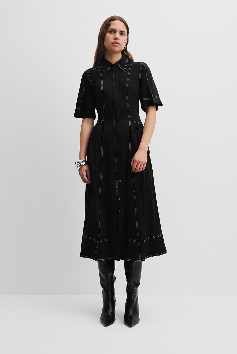 Organically Grown Linen Blend Cinched Shirt Dress