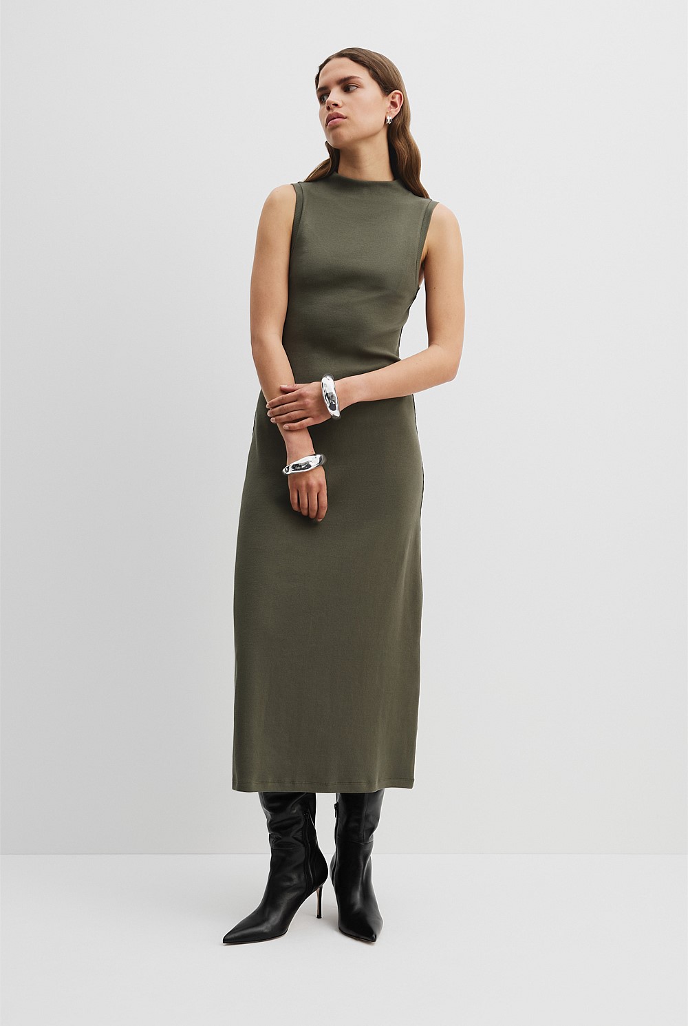 Australian Cotton Blend Mock Neck Rib Dress