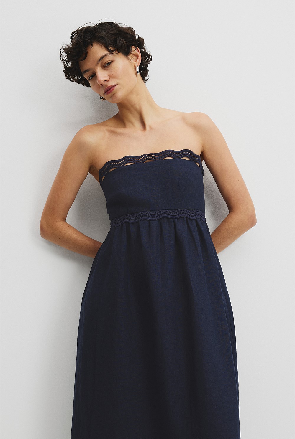 Organically Grown Linen Scallop Trim Midi Dress