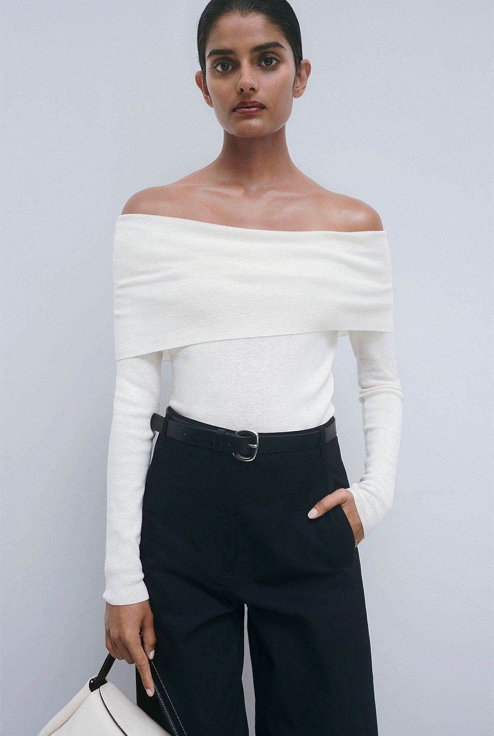 Australian Merino Wool Silk Off-Shoulder Detail Knit