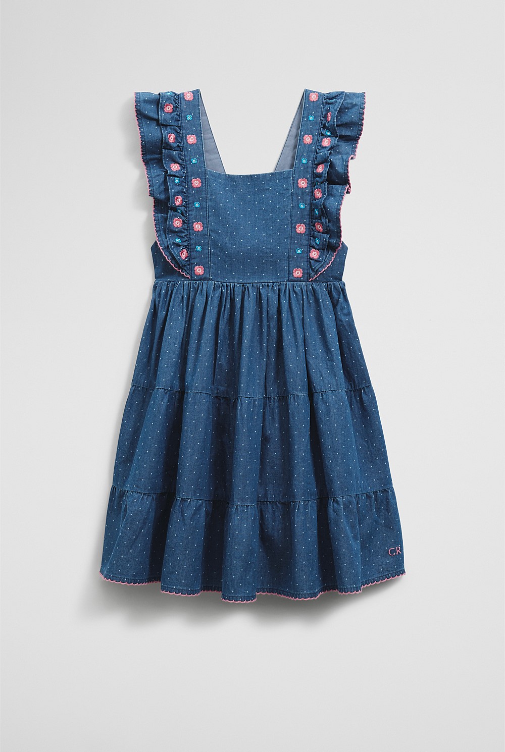 Organically Grown Cotton Chambray Frill Embroidered Dress
