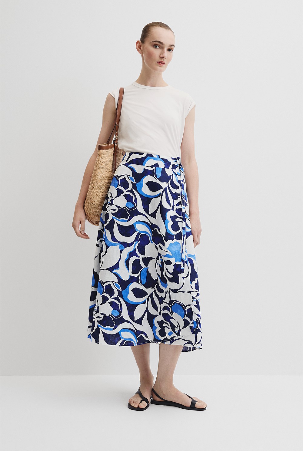Organically Grown Linen Print Wrap Midi Skirt