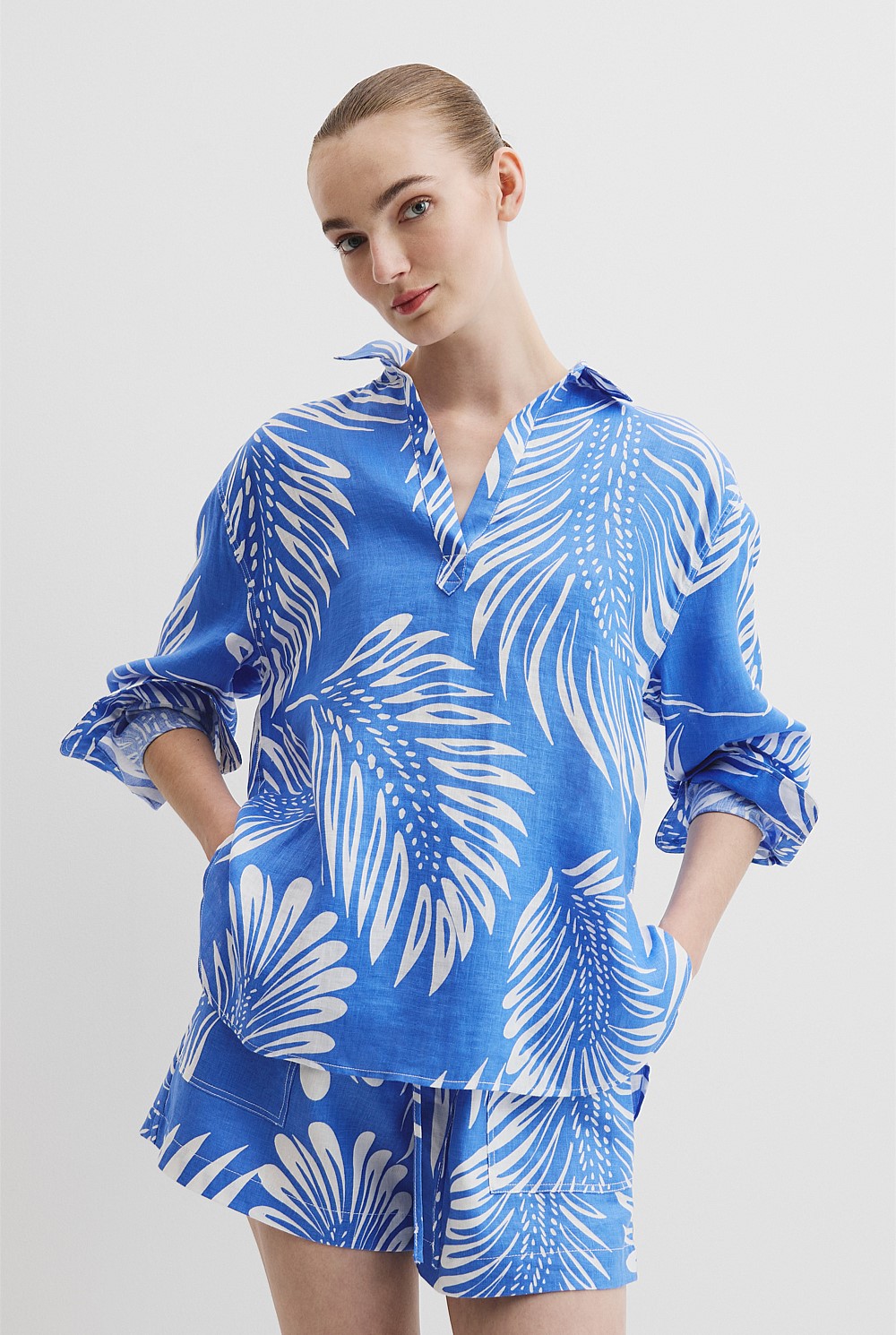 Print Linen Popover Shirt