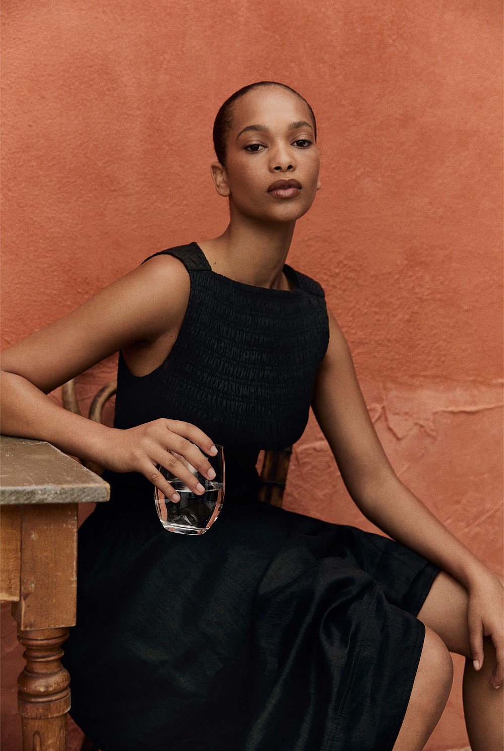 Organically Grown Linen Shirred Midi Dress