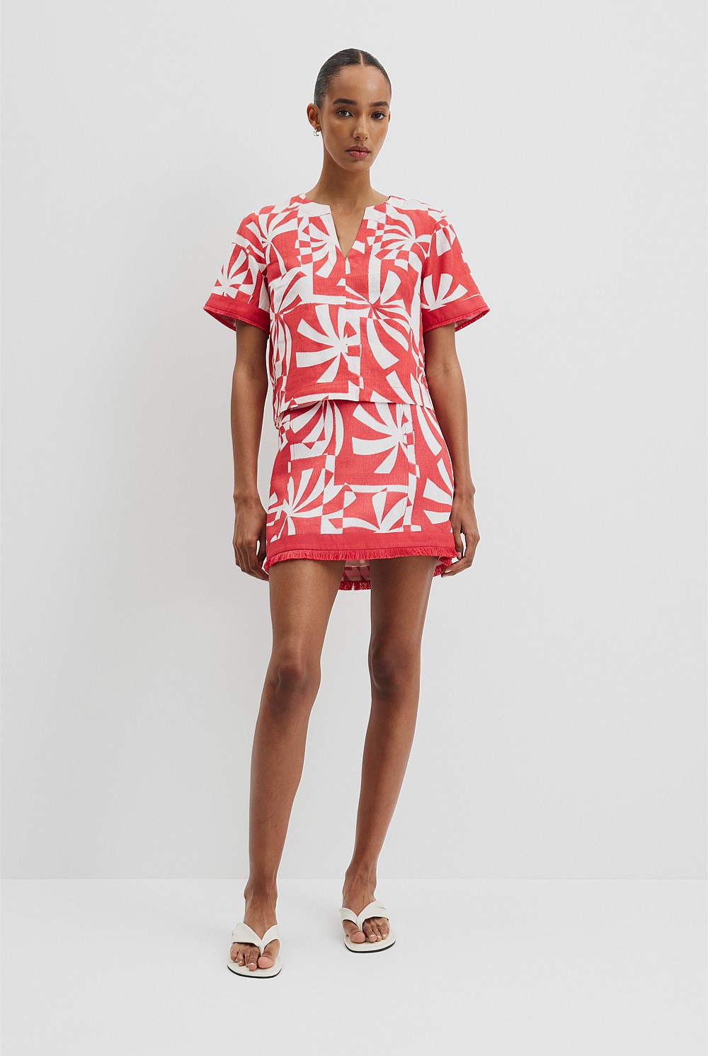 Organically Grown Linen Print Fray Mini Skirt