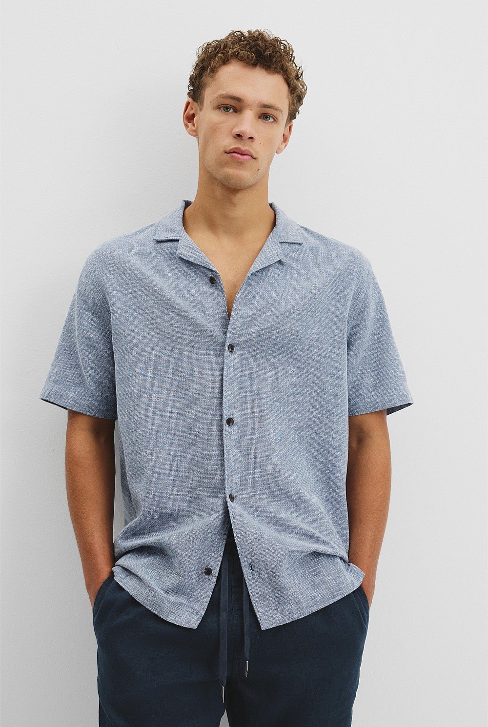Short Sleeve Cotton Linen Basket Weave Shirt