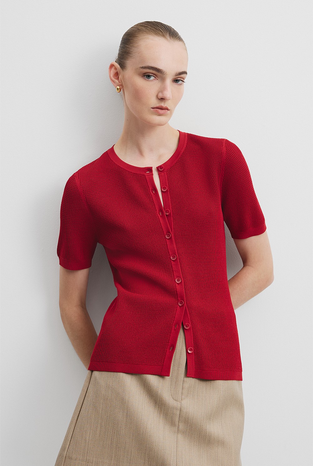 Waffle Short Sleeve Button Knit