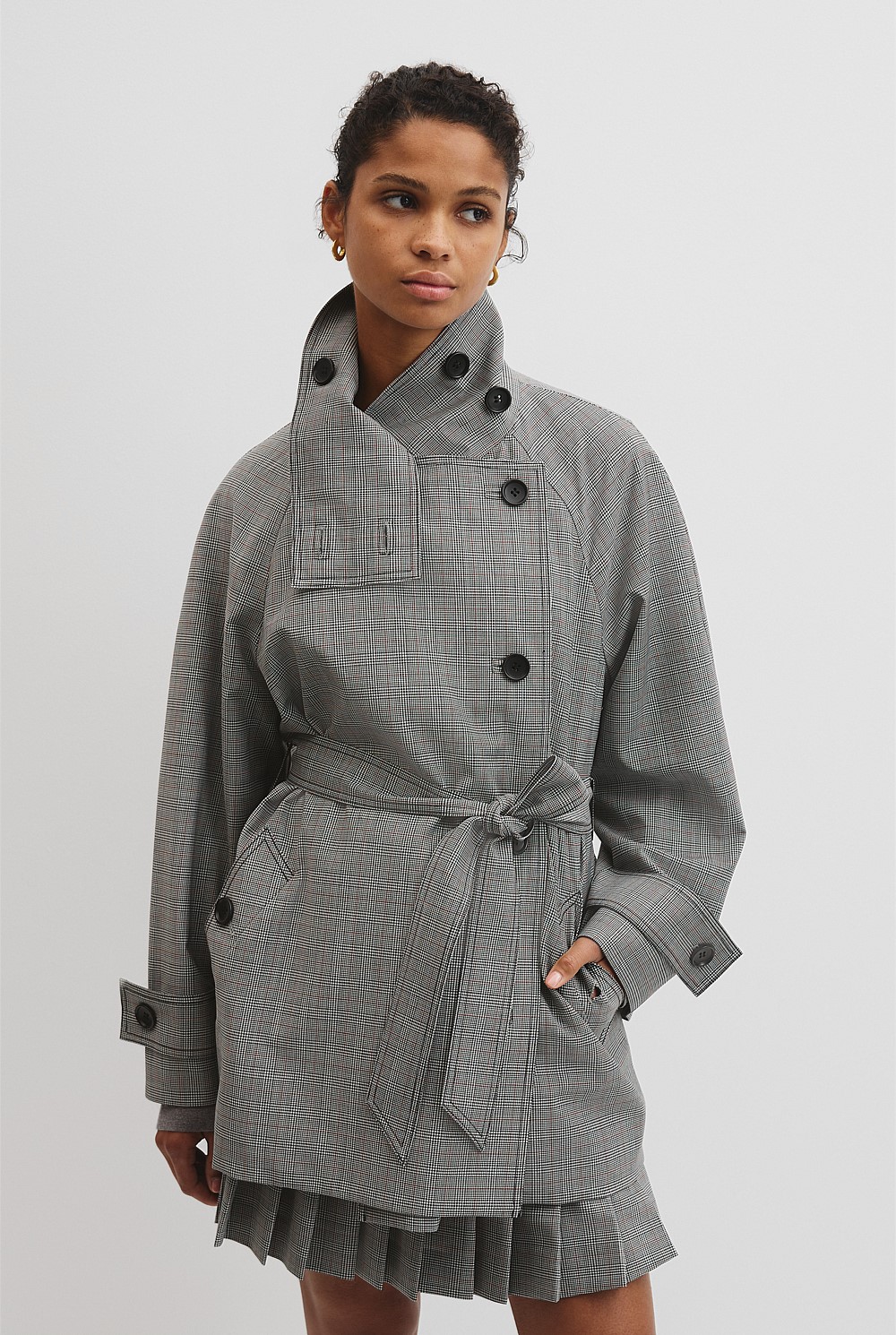 Wool Blend Funnel Check Jacket