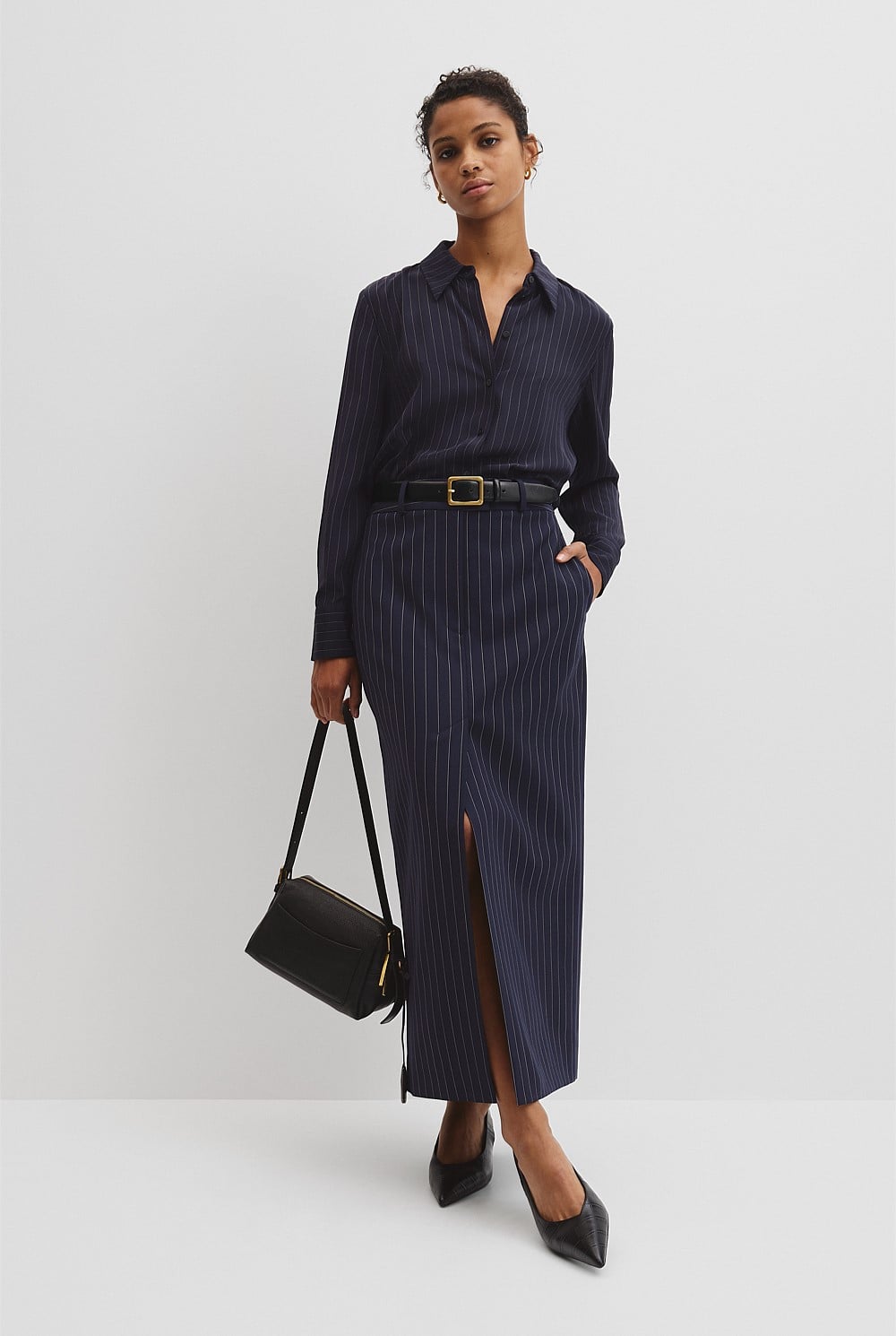 Wool Blend Tailored Pinstripe Column Skirt