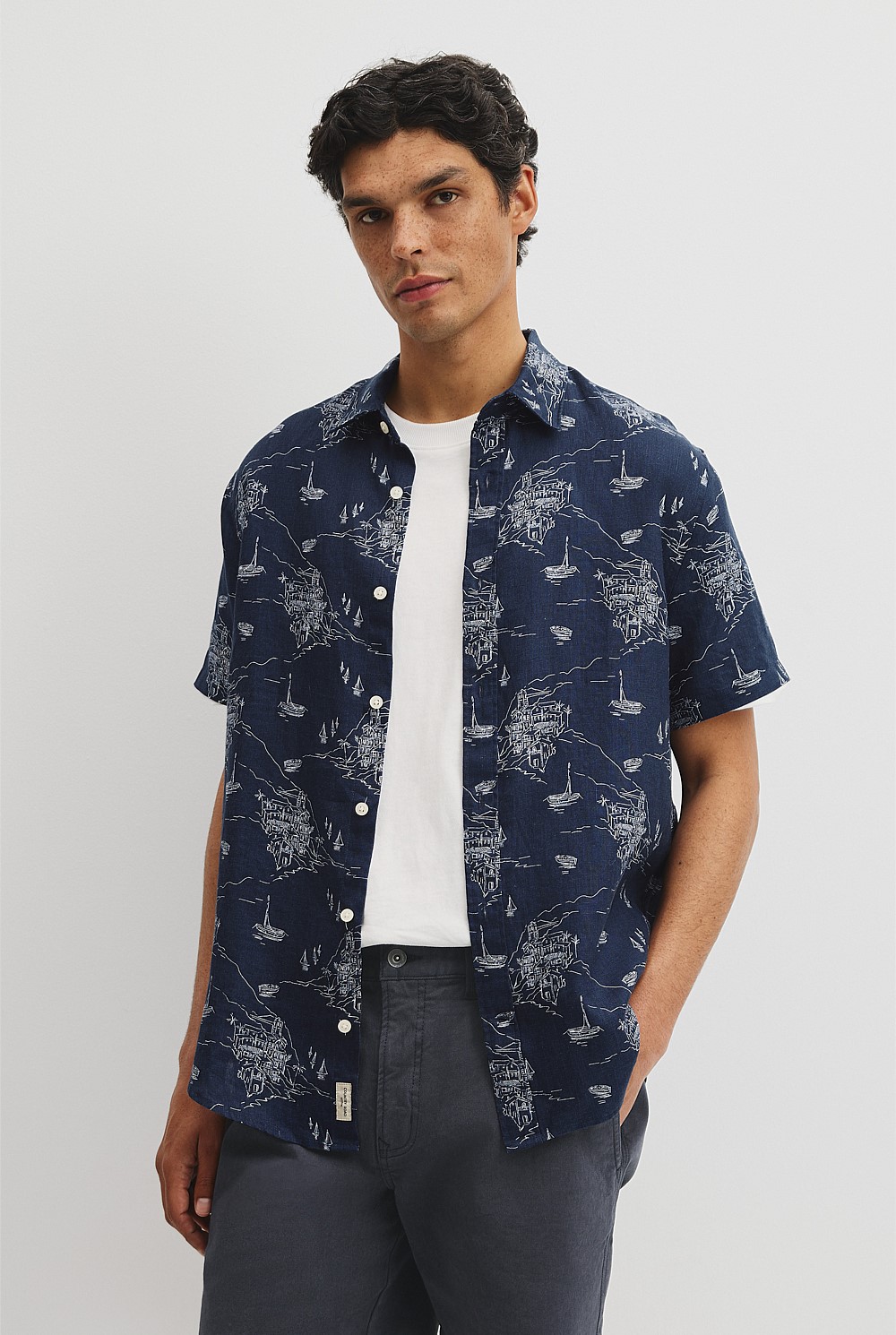 Regular Fit Linen Coastline Print Shirt