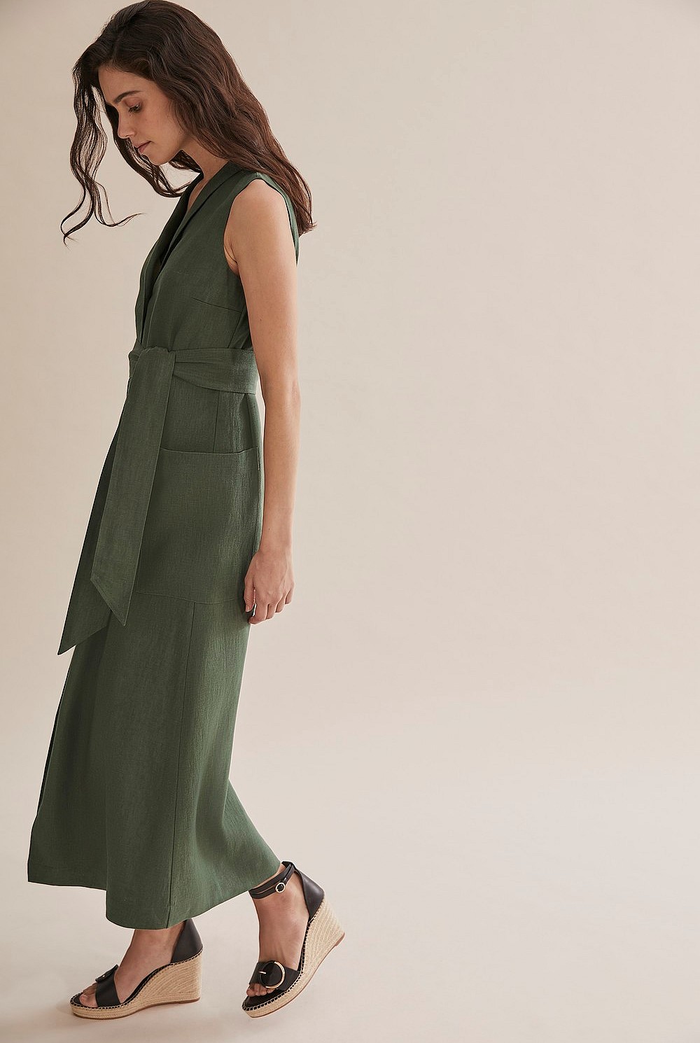 Linen Button Front Maxi Dress
