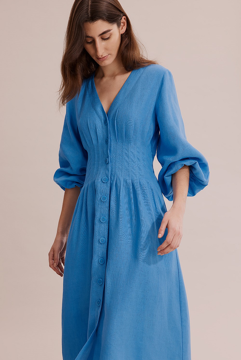 Linen Dart Front Midi Dress