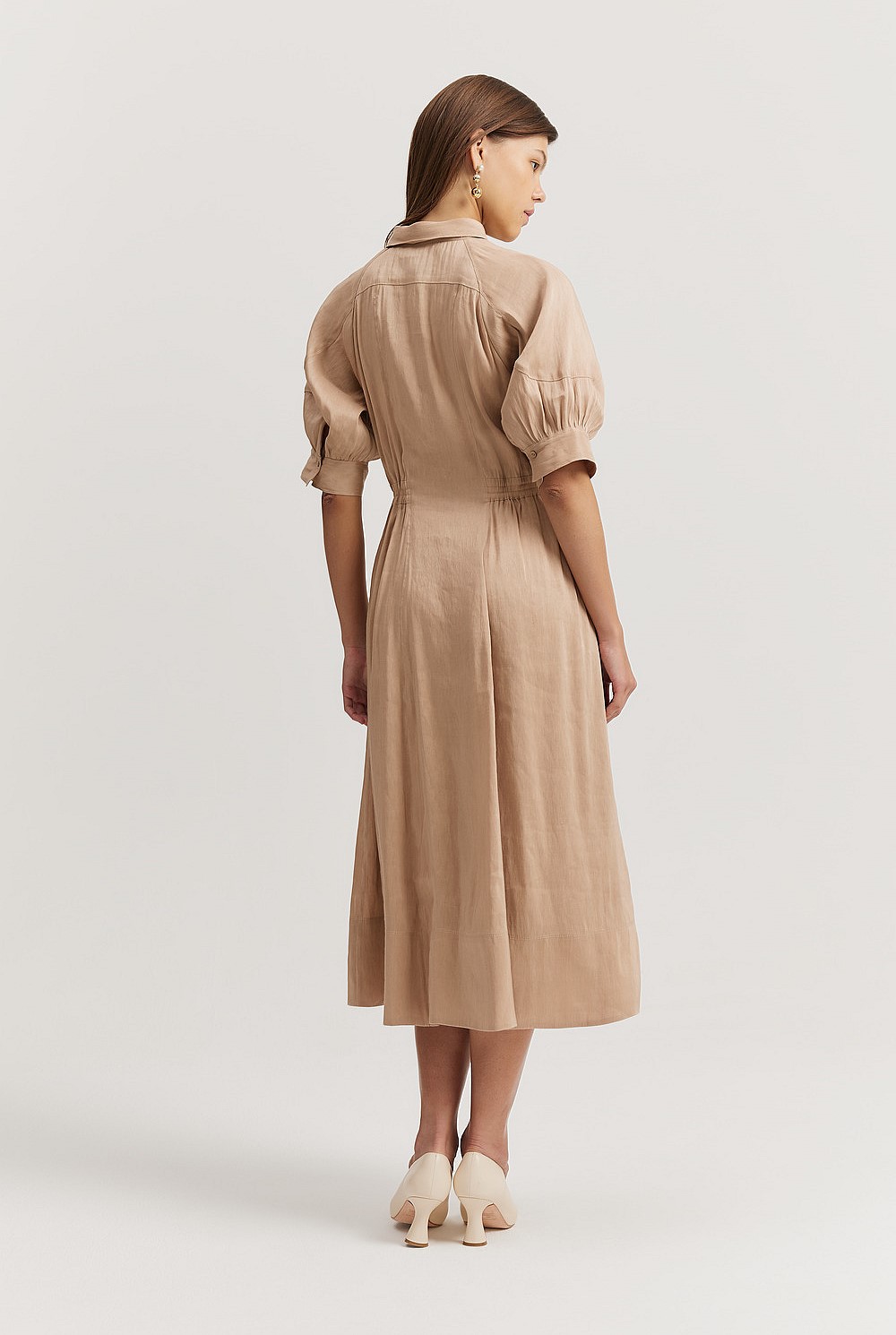 Organically Grown Linen Blend Fluid Cinched Shirt Dress