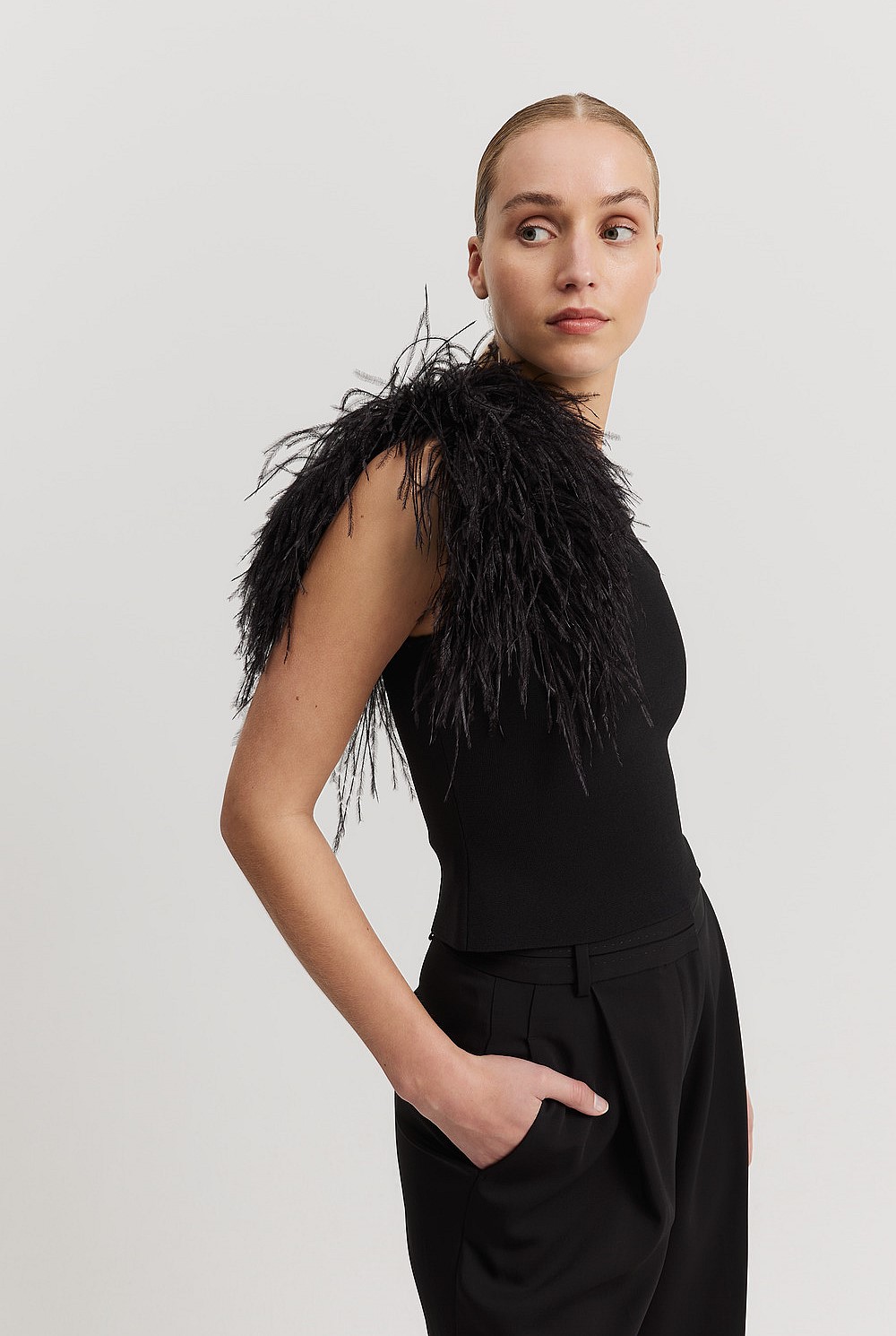 Feather Trim Knit Top