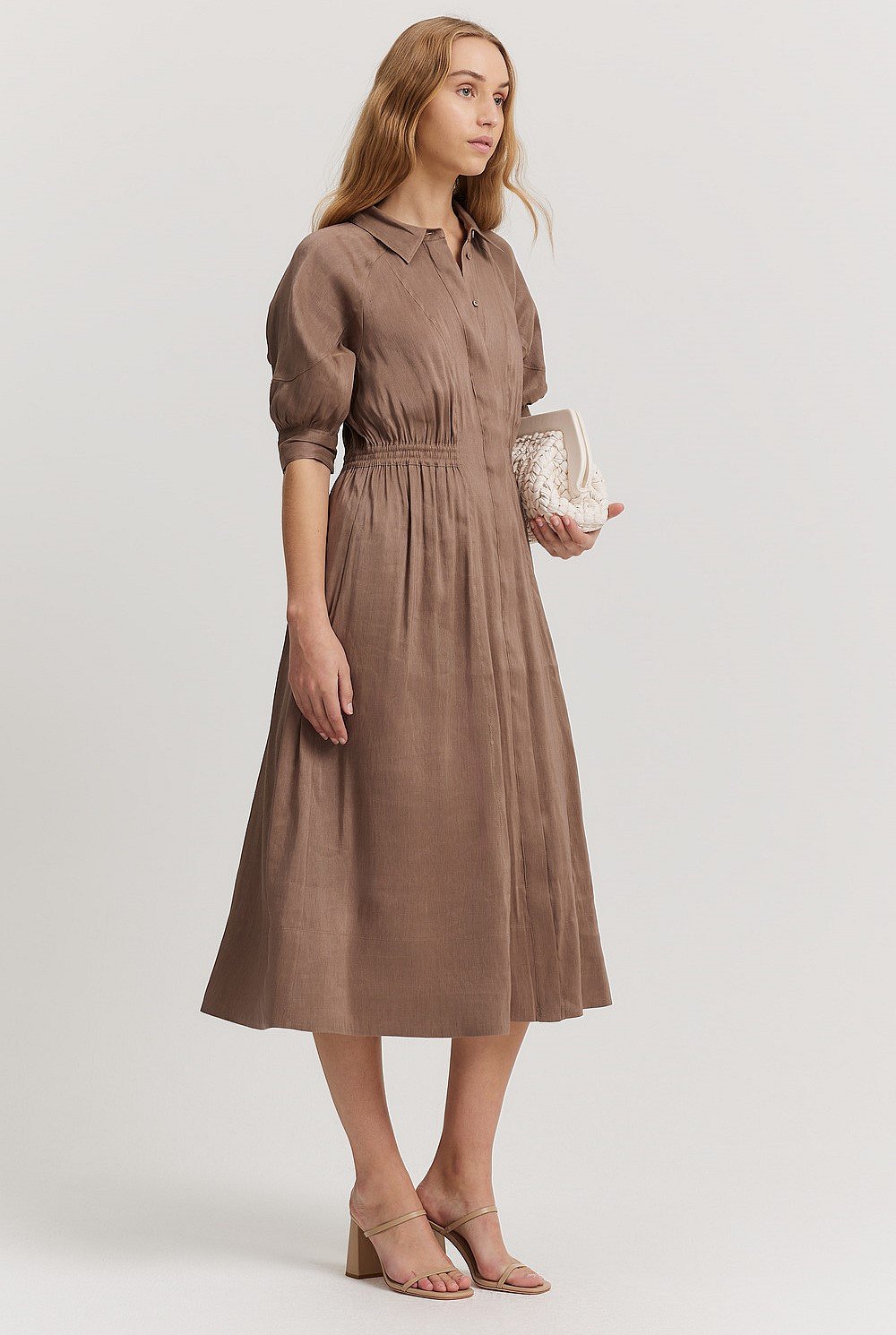 Organically Grown Linen Blend Fluid Cinched Shirt Dress