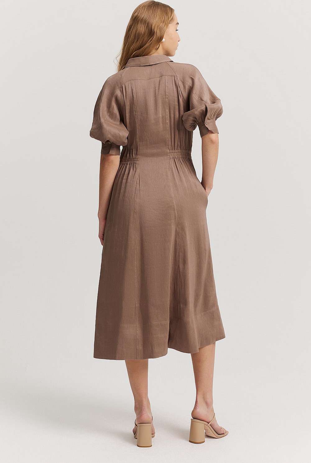 Organically Grown Linen Blend Fluid Cinched Shirt Dress